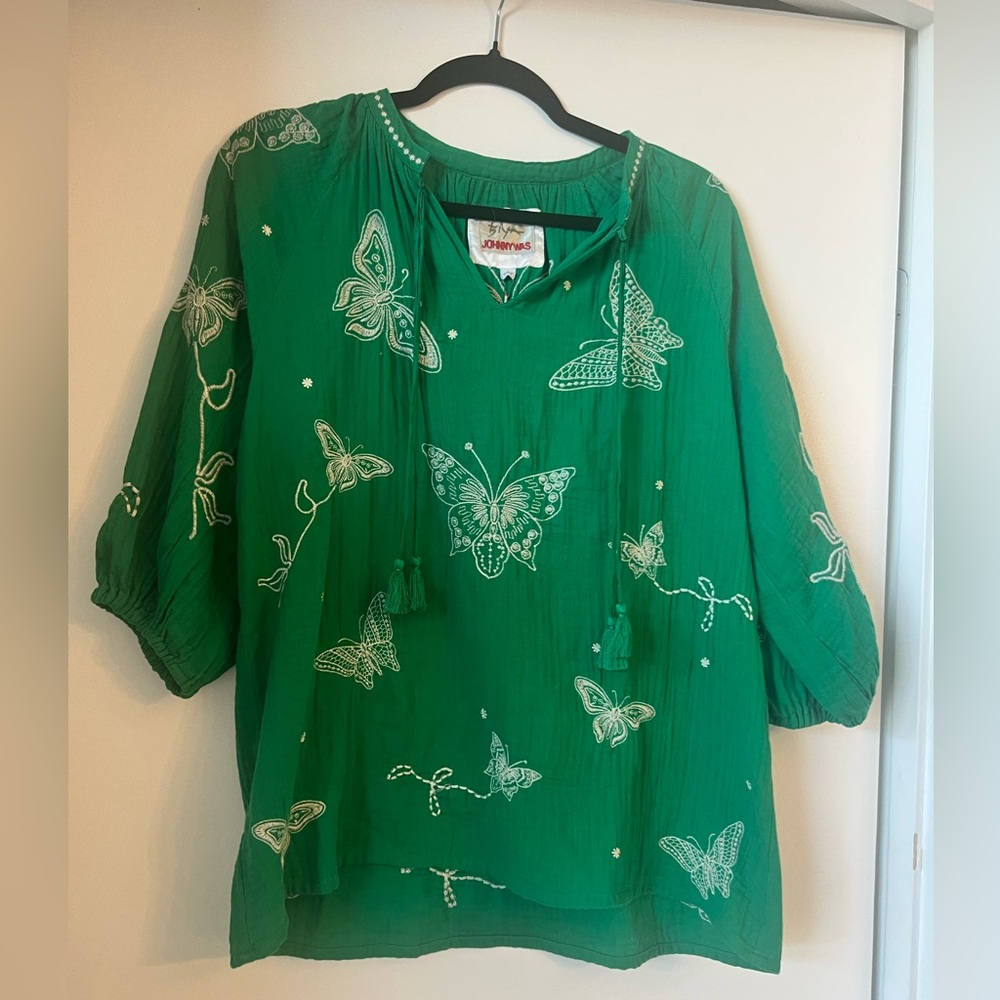 Johnny Was Green Boxy Blouse with Relaxed Fit